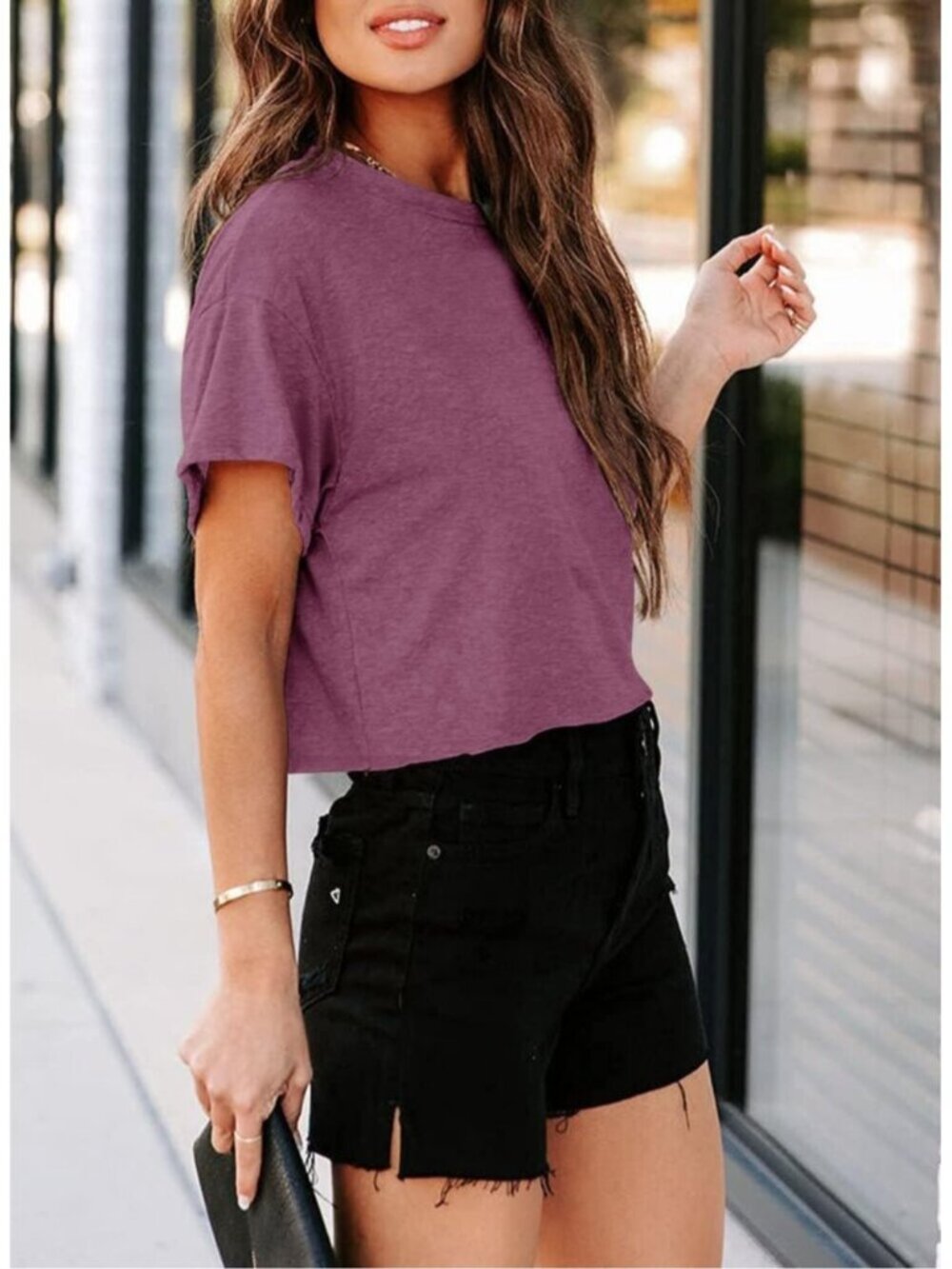 Women's Purple Red Short Sleeve Crew Neck Loose Casual Drop Shoulder Crop Tops - Picture 2 of 4